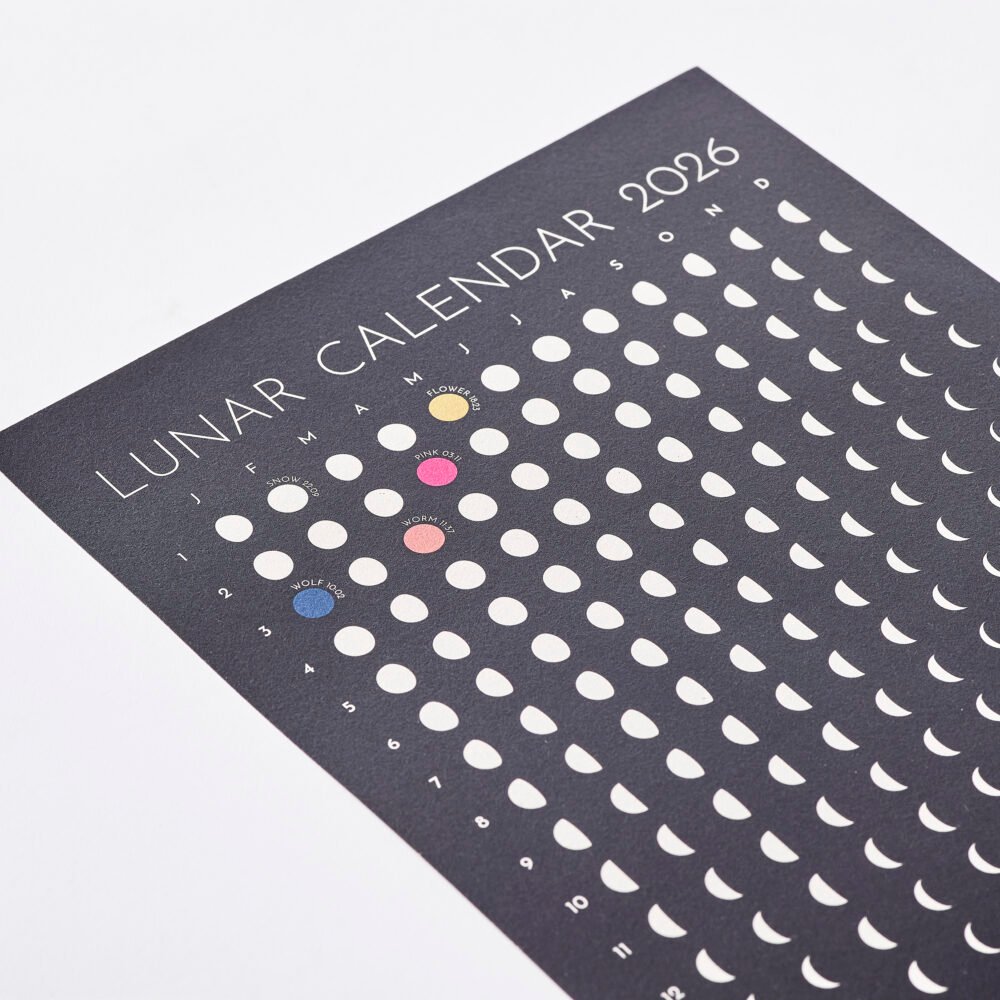 Close up of Moon Phase Lunar Calendar Print - black and white wall art showing all lunar phases. Colourful full moons with names and timings