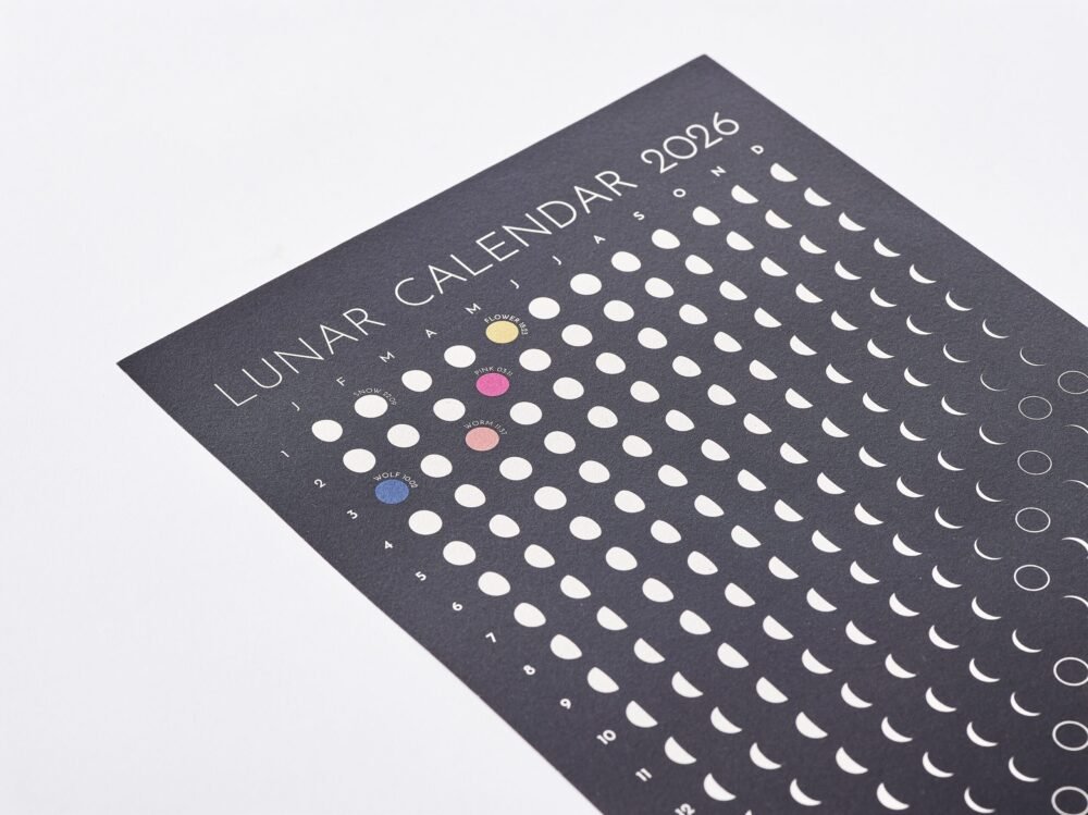 Moonatics | Lunar Calendar 2026 Close up of Moon Phase Lunar Calendar Print - black and white wall art showing all lunar phases. Colourful full moons with names and timings