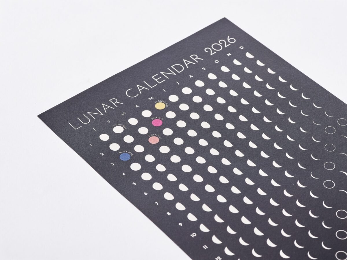 Moonatics | Lunar Calendar 2026 Close up of Moon Phase Lunar Calendar Print - black and white wall art showing all lunar phases. Colourful full moons with names and timings