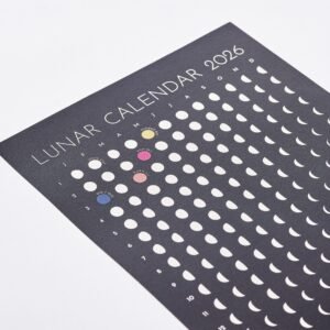 Close up of Moon Phase Lunar Calendar Print - black and white wall art showing all lunar phases. Colourful full moons with names and timings