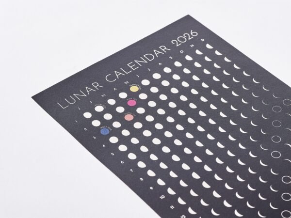Close up of Moon Phase Lunar Calendar Print - black and white wall art showing all lunar phases. Colourful full moons with names and timings