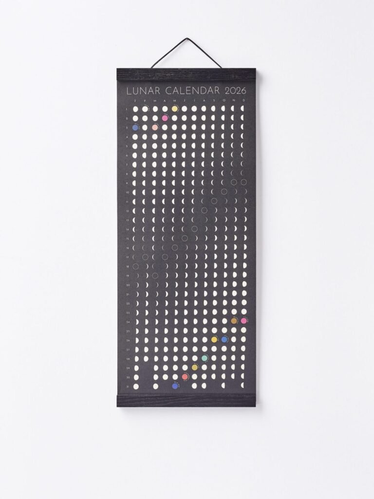 Moon Phase Lunar Calendar Print hanging on wall with black magnetic poster frame, modern minimalist home décor.