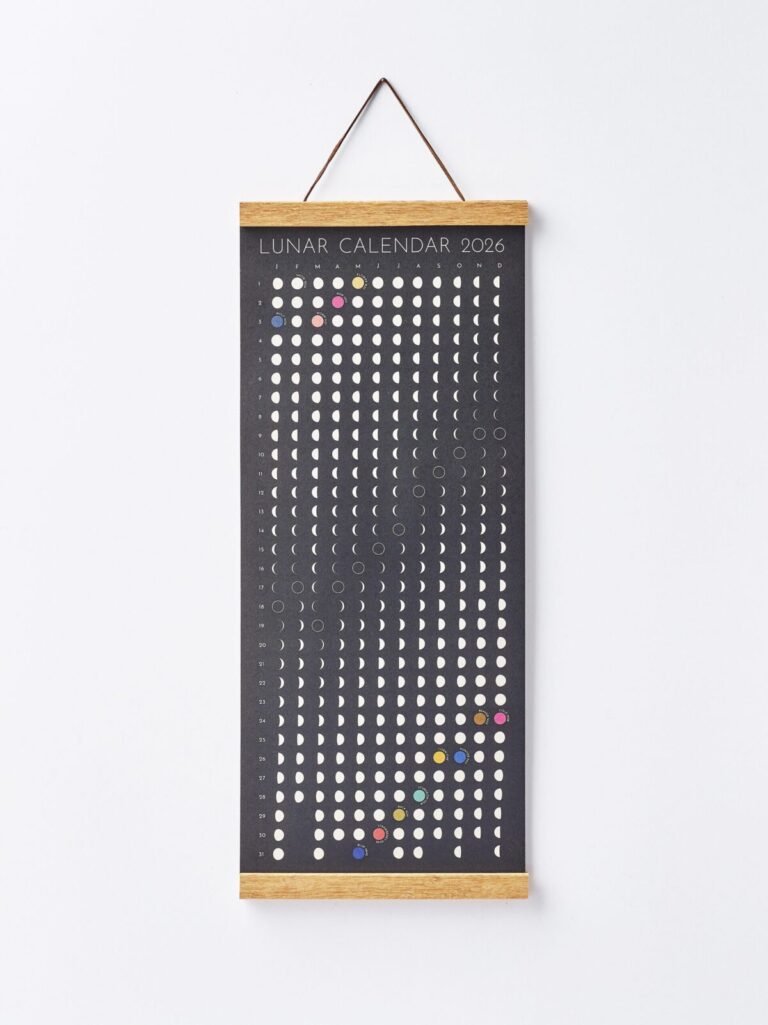 Moon Phase Lunar Calendar Print hanging on wall with teak magnetic poster frame, modern minimalist home décor.