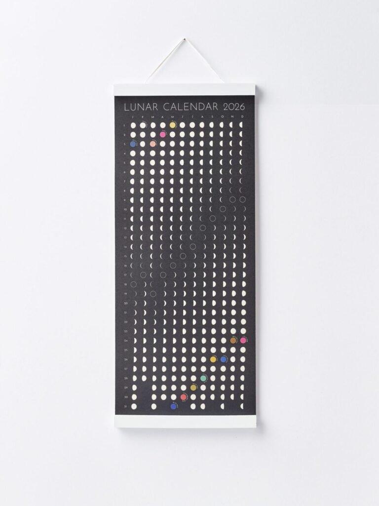 Moon Phase Lunar Calendar Print hanging on wall with teak magnetic poster frame, modern minimalist home décor.