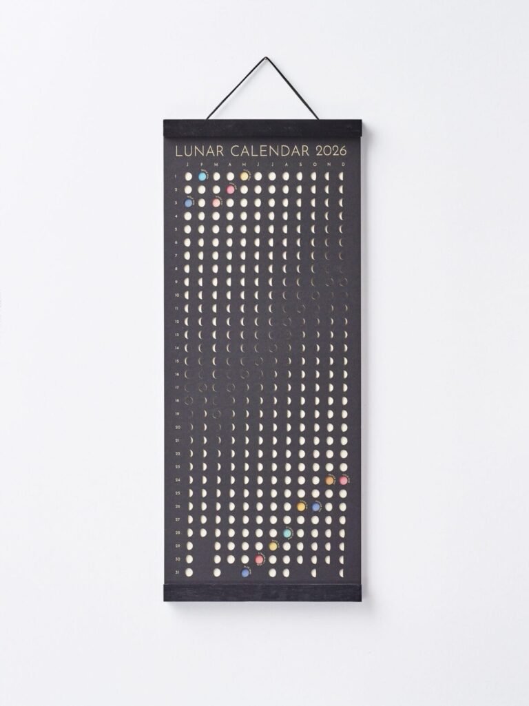 Moon Phase Lunar Calendar – Shadow Edition hanging on wall with black magnetic poster frame, modern minimalist home décor.