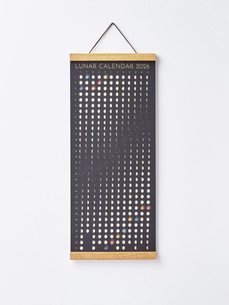Moon Phase Lunar Calendar – Shadow Edition hanging on wall with teak magnetic poster frame, modern minimalist home décor.