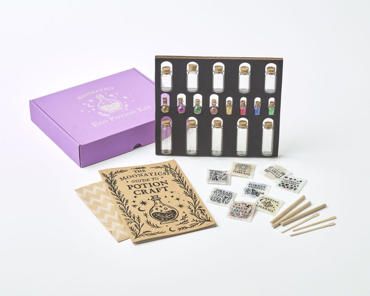 Moonatics Alchemist Eco Potion Kit — potion bottles filled with mica powder, biodegradable glitter, and natural magical mix-ins.