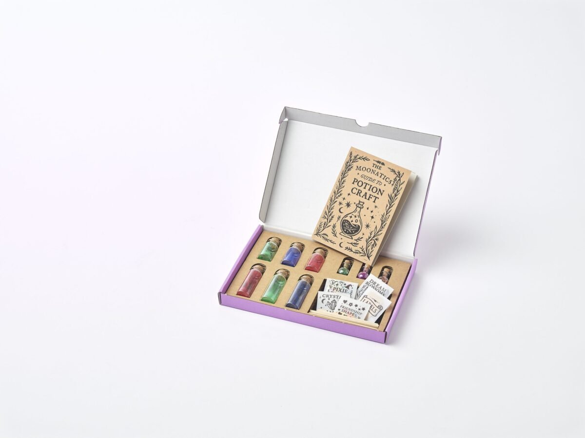 Plastic-free, eco-friendly materials in the Moonatics Apprentice Eco Potion Kit — sustainable craft gift for kids.”