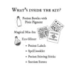 Illustrated guide showing the contents of a children's potion kit, including potion bottles, pixie pigment, eco glitter, magical mix-ins, labels, stirring sticks and a spell booklet.