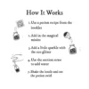 Step-by-step illustrated instructions showing how children make a potion bottle using magical mix-ins, eco glitter, water and a recipe booklet.