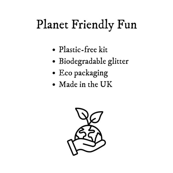 Information card describing an eco friendly potion kit for children, highlighting plastic-free materials, biodegradable glitter, eco packaging and UK production.