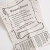 Illustrated Moonatics Wishing Potion instruction sheet showing a potion recipe, spell, decorative scroll design and information about the eco-friendly materials used in the kit.