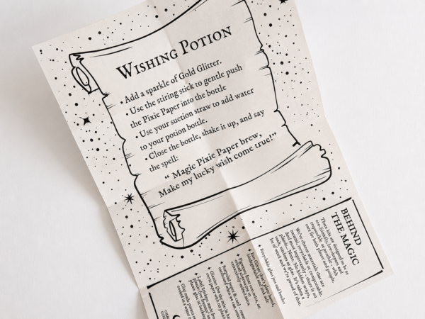 Illustrated Moonatics Wishing Potion instruction sheet showing a potion recipe, spell, decorative scroll design and information about the eco-friendly materials used in the kit.