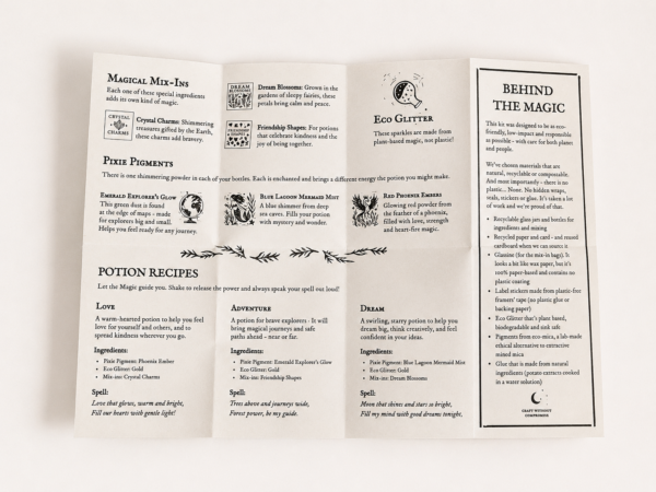 Fold-out Moonatics Eco Potion Kit instruction booklet showing potion recipes, magical ingredients, eco glitter information, illustrated icons and details about the plastic-free materials used throughout the kit
