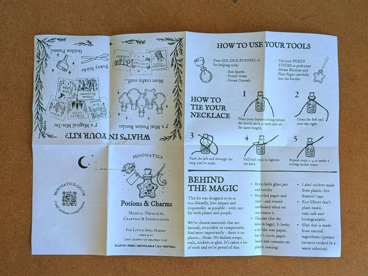 Fold-out instruction booklet with illustrated guides for making potion bottle necklaces, using the included tools and assembling charms and wish tags.