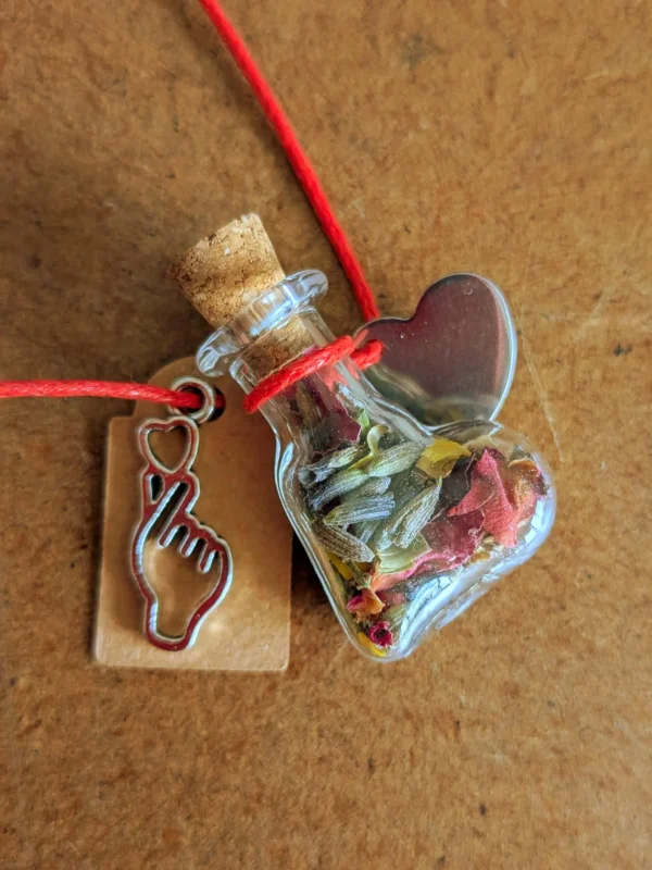 necklace_bottle_heart Handmade heart-shaped potion bottle necklace filled with colourful dried flower petals, hanging from a red cord with a heart charm and wish tag.