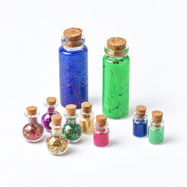moonatics alchemist eco potion kit - coloured bottles freestanding Corked glass bottles containing blue and green powders, colourful eco glitter and smaller mica pigments.