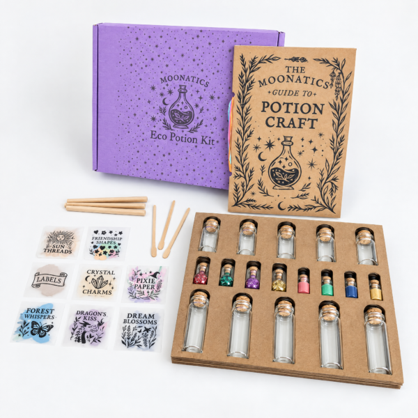 moonatics alchemist eco potion kit - full kit hero shot Complete Alchemist Eco Potion Kit with purple box, craft guide, glass bottles, mix-ins and wooden stirring sticks.