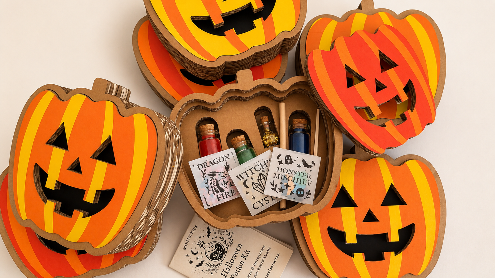 Halloween potion kits for kids with colourful pumpkin boxes and open potion-making craft kit